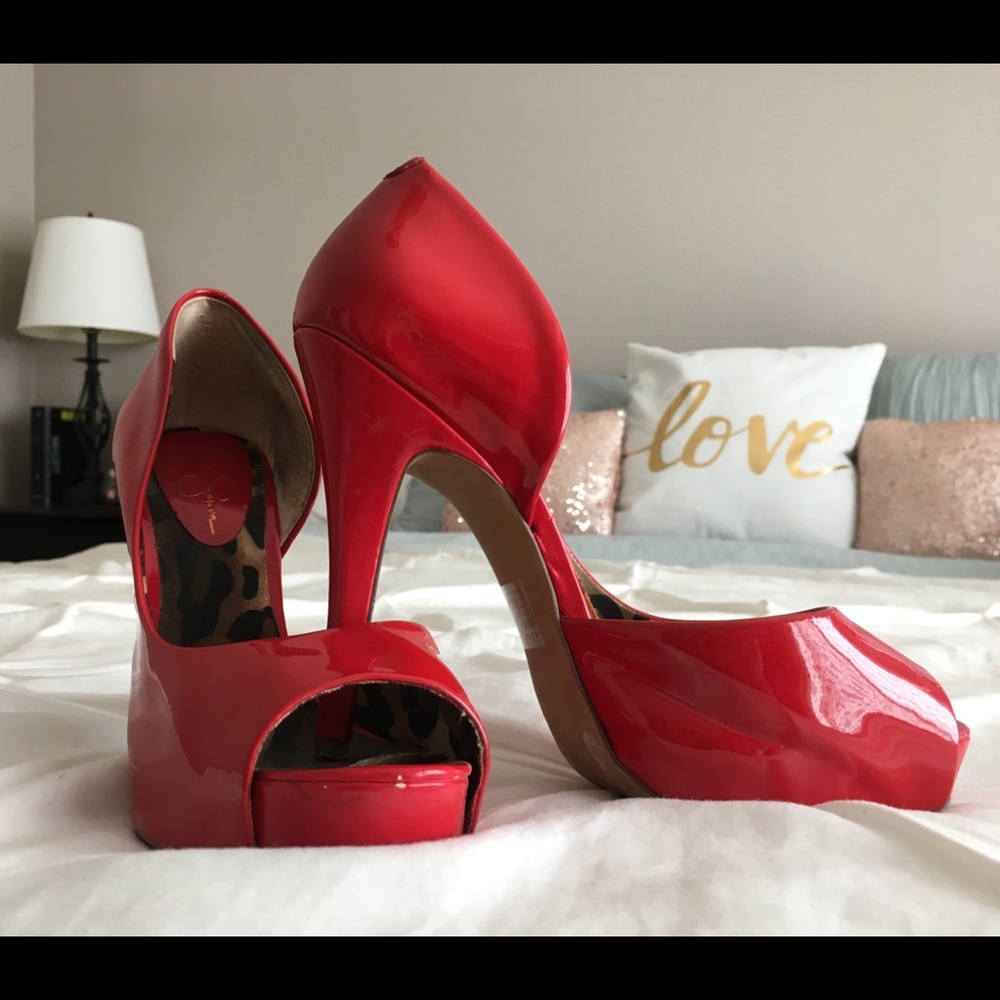 Red peep toe pumps